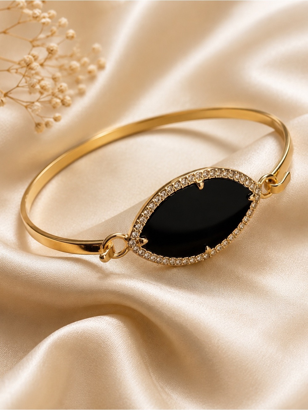 Gold Bangle Bracelet with Black Oval Stone and Crystal Halo